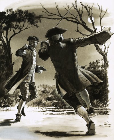 Unidentified Men Duelling with Swords in Moonlight by John Millar Watt