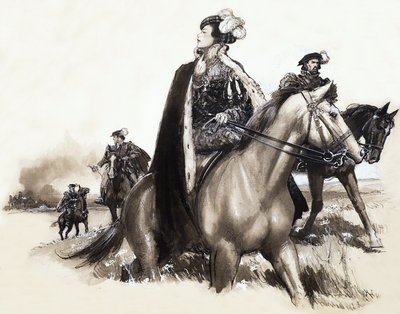 Unidentified queen leaving a smoking city under escort by John Millar Watt