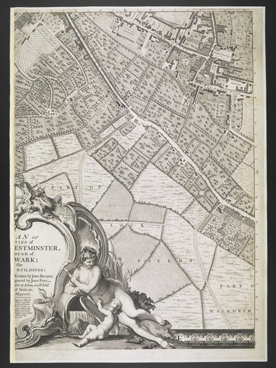 Plan of London, Part of Lock fields, A plan of the cities of London and Westminster, and borough of Southwark; From an actual survey, taken by JOHN ROCQUE, Land-Surveyor, and Engraved by John Pine by John Rocque