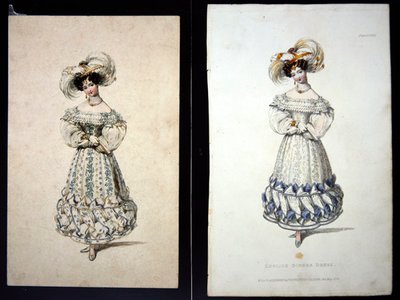 Sketch and print of a fashion plate, c.1829 by John Samuel Agar