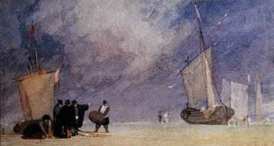 Figures of the Shore Unloading a Boat at Low Tide by John Sell Cotman