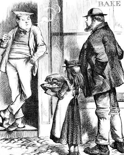 A father and daughter bringing food for roasting to the local baker to be cooked by John Tenniel