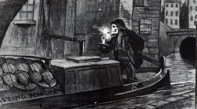 Campaigning cartoon suggesting Parliament should bring in safety regulations for the handling and transport of explosives after the destruction of a barge carrying gunpowder on the Regent