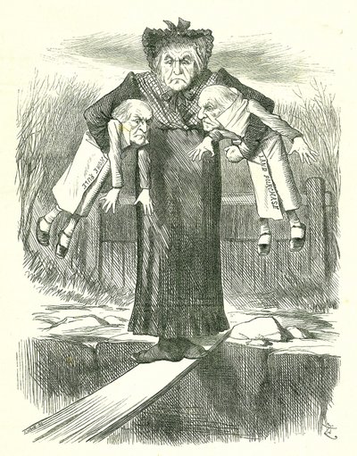 Set Down Two, and Carry One?: Gladstone in a Quandary Over Which of the Controversial Irish Bills to Jettison. John Tenniel Cartoon from Punch by John Tenniel