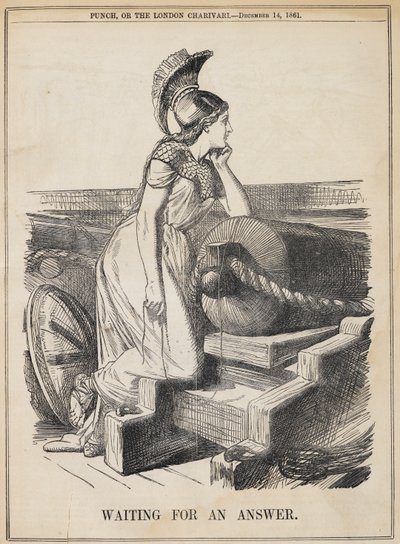Waiting for an answer. Following an ultimatum sent to the US, several weeks passed as the British waited for an American response. Britain represented as Britannia ready for military action against the United States over the 