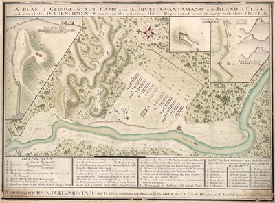 A plan of George Stadt Camp near the River Guantamano in the island of Cuba and also of the intrenchments made on the adjacent hills, represented more at large with their profiles by John Thomas