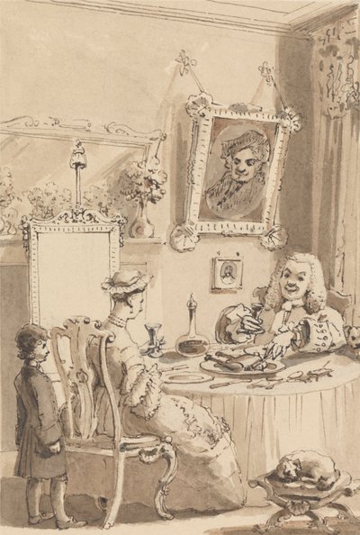 Hogarth Drinking the First Glass of Wine with His Wife - Their Dogs Keeping Respectful Distances by John Thomas Smith
