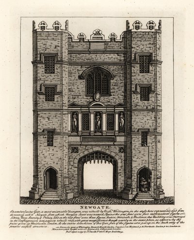 Newgate, rebuilt in 1672 after the Fire of London, with three figures Justice, Fortitude and Prudence from the former gate built by Mayor of London Richard Whittington by John Thomas Smith