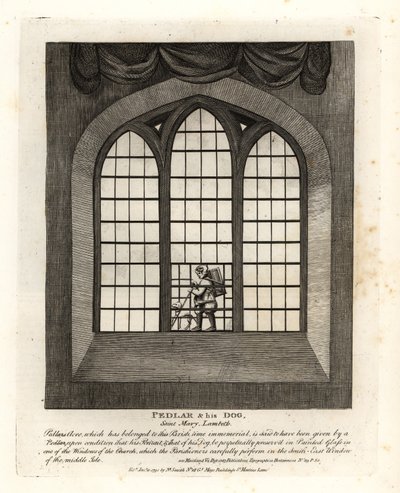 Pedlar and his dog in the stained glass window of the church at Saint Mary-at-Lambeth by John Thomas Smith