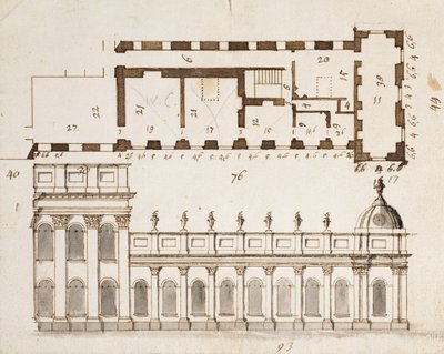 Castle Howard, Yorkshire: An Early Design for the three Bays of the Elevation of the South or Garden Front and nine Bay single storey lower lateral wings with an Inset of the Ground Plan by John Vanbrugh
