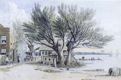 Buildings and Pollarded Trees on the Banks of the Thames, Millbank by John Varley