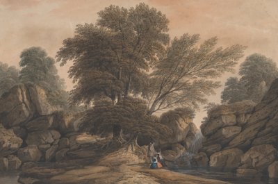 Figures Beside a Waterfall and Pool in a Wooded Landscape by John Varley I
