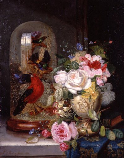 A Still Life with Roses in a Vase beside Exotic Birds in a Glass Case by John Wainwright