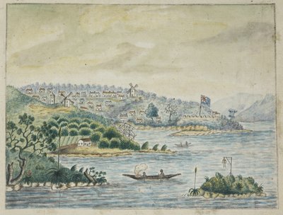 A view of a British colony. In the foreground, natives in a canoe, from a Journal kept on board the Minerva transport, from Ireland to New South Wales and Bengal, by John Washington Price by John Washington Price