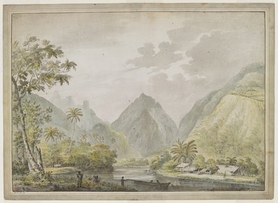 A view looking up the Vaitepiha River with two Tahitians in a canoe in the foreground, and two others on the bank. Tahitian houses to the right. August 1777 by John Webber