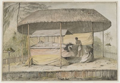 Waheiadooa, Chief of Oheitepeha, lying in state, recorded by Captain Cook during his visit to Tahiti on 19th August 1777. A funerary stage supports the shrouded corpse and an attendant. They are sheltered by a grass-roofed awning, and surrounded by a low p by John Webber