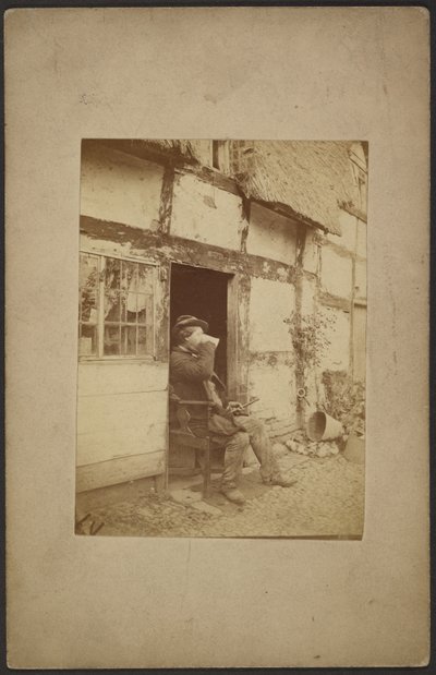 Seated man drinking from mug in open doorway by John Whistler