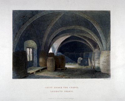 Crypt filled with barrels under the chapel at Lambeth Palace, London by John Wykeham Archer