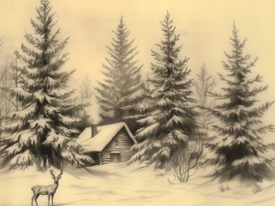 Peaceful Winter Cabin Deer by Jolly and Dash