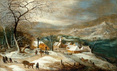 A Winter Landscape, with Figures on a Road by a Village by Joos or Josse de Momper