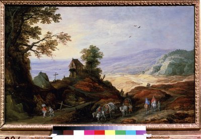 Landscape with a Chapel on a Hill. Peasants with plows walking on the paths. by Joos or Josse de The Younger Momper