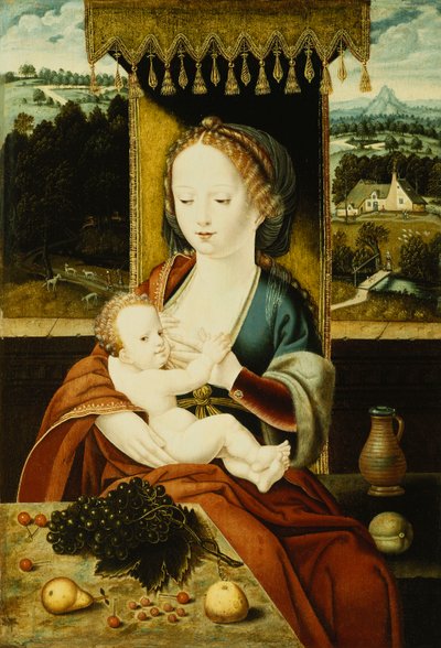 The Madonna and Child, Seated Under a Canopy, at a Table with Fruit, in a Landscape by Joos van Cleve