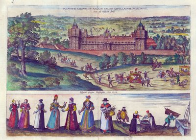 Arrival of Queen Elizabeth I at Nonesuch Palace and Men and Women from Tudor Society, 1598 by Joris Hoefnagel