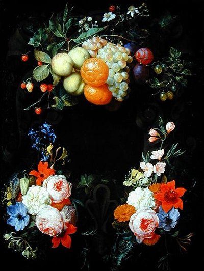 Oranges, peaches, grapes, plums, strawberries, raspberries and other fruit with roses, honeysuckle and other flowers by Joris van Son