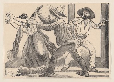 A man grabbing a woman by her sleeve and stabbing her, from a broadside entitled 