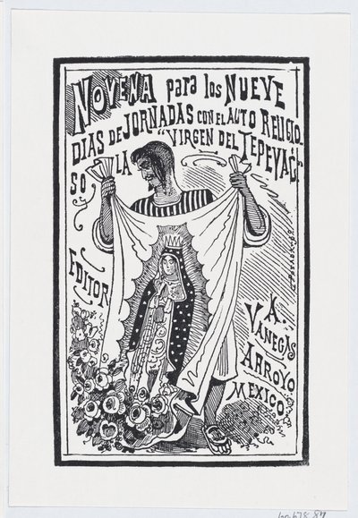 A Man Holding Up a Piece of Fabric with an Image of the Virgin by José Guadalupe Posada
