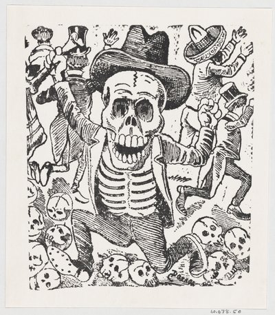 A skeleton holding a bone and leaping over a pile of skulls while people flee by José Guadalupe Posada