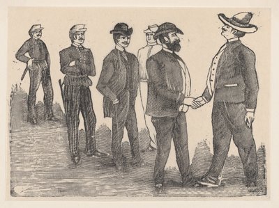 Two men shaking hands in the foreground and officers watching them in the background by José Guadalupe Posada
