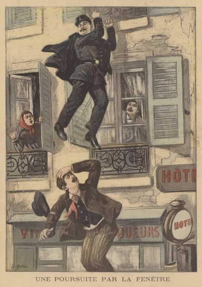 A Policeman Chasing a Criminal by Jumping from a Window by Jose Belon