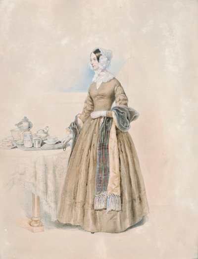 Portrait of Princess Leopoldine Karoline Palffy, born Countess Kaunitz-Rietberg (Wife of the third Prince Anton Karl Palffy), standing at a set tea table by Josef Kriehuber