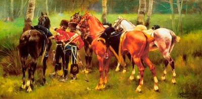 Group of Hussars and Horses in the Forest by Josep Cusachs y Cusachs