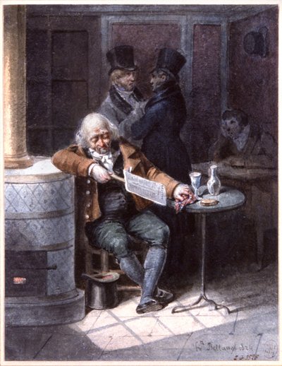 Old Man Reading Newspaper in a Cafe, Paris by Joseph Louis Hippolyte Bellange
