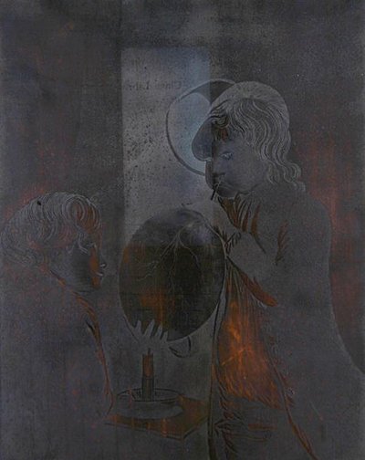 Plate for Two Boys Blowing a Bladder by Candlelight, aquatinted by Peter Perez Burdett by Joseph (after) Wright of Derby