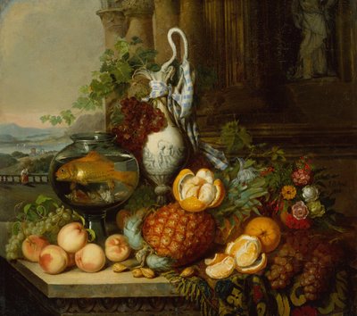 Still Life with Fruit, Fishbowl and Landscape by Joseph Biays Ord