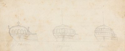 Decorative Sterns of Three Ships by Joseph Cartwright