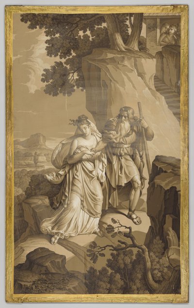 Wallpaper Panel with Scene from Les Amours de Psyche: Psyche on Rock Carved Steps, in Grisaille Tones by Joseph Dufour