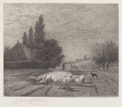 Village Street in France with a Flock of Sheep by Joseph Foxcroft Cole