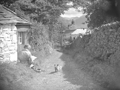 A woman sat reading with a dog in a lane by Joseph Hardman