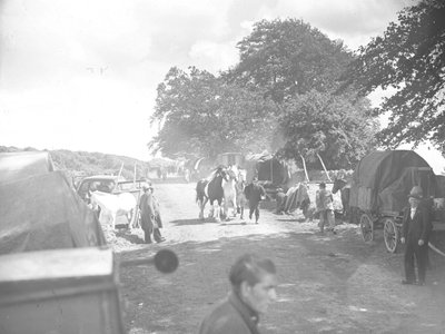 Horses Being Led Down Road at Appleby with Caravans and Cars on the Verges by Joseph Hardman
