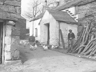 Land Girl Feeding Poultry at a Farm in the Duddon Fells by Joseph Hardman