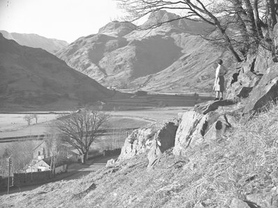 Woman standing on rocks under tree looking at view of Langdale Fells by Joseph Hardman