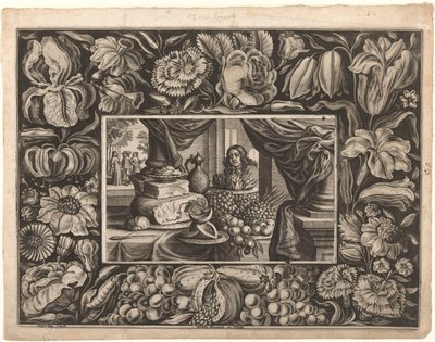 Still Life of Cheese and Fruit with Ornamental Border by Joseph Kling