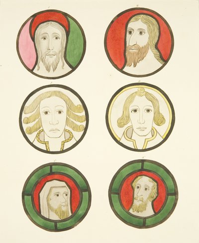 Six heads in stained glass windows north and south of choir in Bristol Cathedral by Joseph Manning