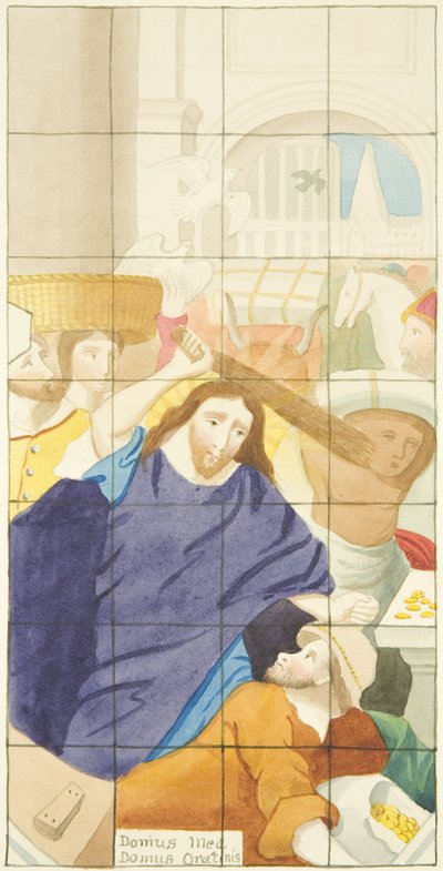 Stained glass window at east end of the south aisle of Bristol Cathedral showing buyers and sellers in the Temple by Joseph Manning