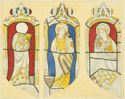 Three figures in east window north transept of St Mary Redcliffe by Joseph Manning