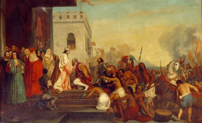 Reception of Christopher Columbus by the Kings of Spain Ferdinand II of Aragon and Isabella 1st of Castile in Barcelona in 1493. Painting by Joseph Nicolas Robert Fleury by Joseph Nicolas Robert Fleury